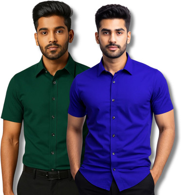 RAREMARK Men Solid Formal Green, Blue Shirt(Pack of 2)