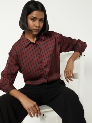 MAX Women Striped Casual Maroon Shirt