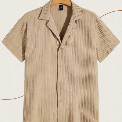 Looksky Men Self Design Casual Beige Shirt