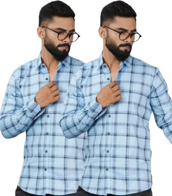 Click Everyday Men Checkered Casual Light Blue Shirt(Pack of 2)