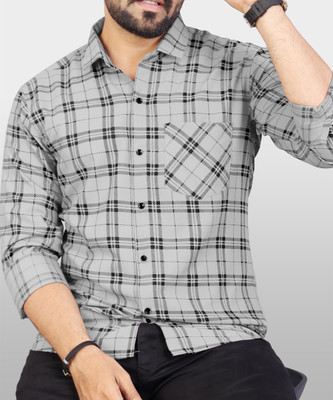 VeBNoR Men Checkered Casual Grey Shirt