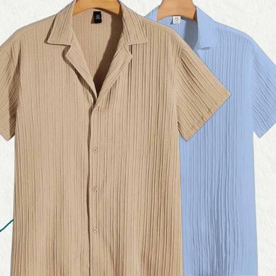 Jenil Fashion Men Solid Casual Cream, Light Blue Shirt(Pack of 2)