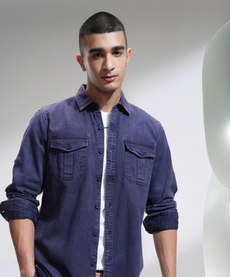 HIGHLANDER Men Solid Casual Blue Shirt