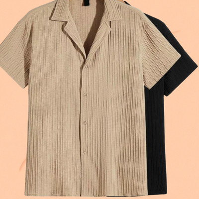 Jenil Fashion Men Self Design Casual Black, Beige Shirt(Pack of 2)