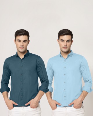 allan peter Men Solid Casual Blue, Light Blue Shirt(Pack of 2)