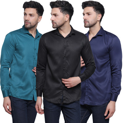 CRAFT HEAVEN Men Solid Casual Dark Green, Black, Dark Blue Shirt(Pack of 3)