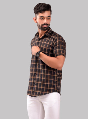 Unistrieet Men Checkered Casual Black, Orange Shirt