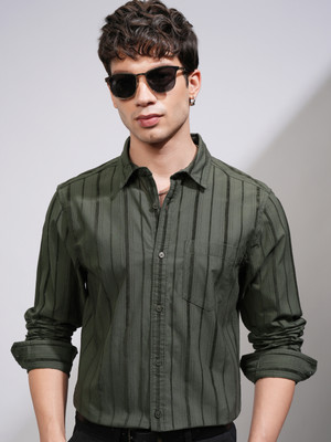 HIGHLANDER Men Striped Casual Green Shirt