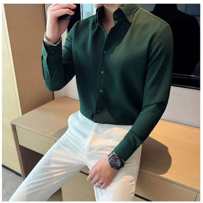 Black Deer Men Self Design Formal Dark Green Shirt