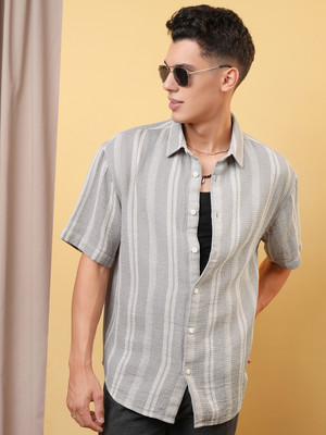 LOCOMOTIVE Men Striped Casual Grey Shirt