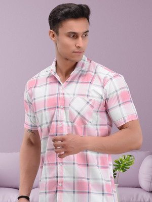 BASE 41 Men Checkered Casual Pink Shirt