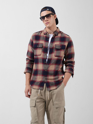 The Indian Garage Co. Men Checkered Casual Khaki Shirt