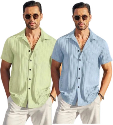 METRONAUT Men Self Design Casual Light Green, Light Blue Shirt(Pack of 2)