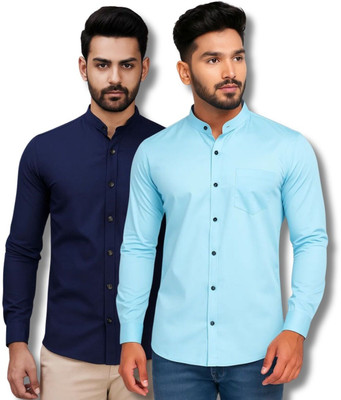 CROWNTAIL Men Solid Casual Dark Blue, Light Blue Shirt(Pack of 2)
