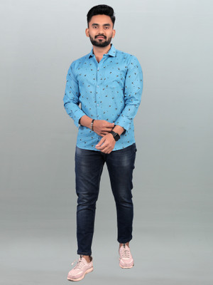 BOUGHT FIRST Men Printed Party Light Blue Shirt