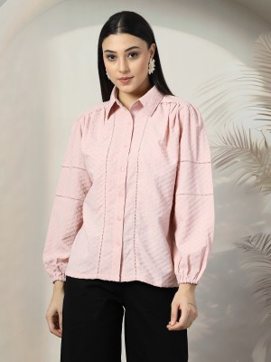 PLUSS Women Self Design Casual Pink Shirt