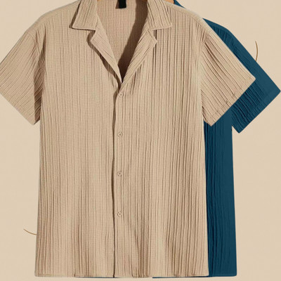 Looksky Men Self Design Casual Cream, Blue Shirt(Pack of 2)