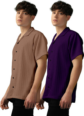 OXXOM Men Self Design Casual Brown, Purple Shirt(Pack of 2)
