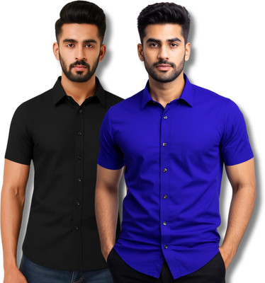RAREMARK Men Solid Formal Black, Blue Shirt(Pack of 2)