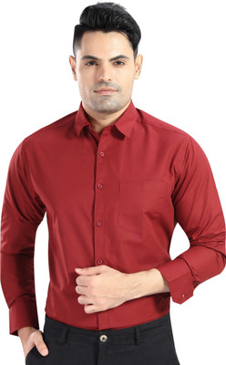 Mrigshira Men Solid Formal Maroon Shirt
