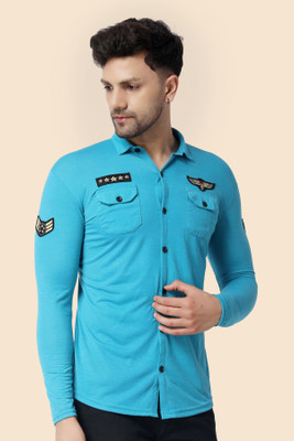 Lawful Casual Men Embroidered Casual Light Blue Shirt