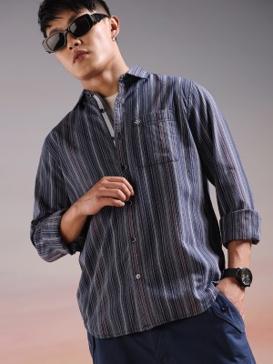 WROGN Men Striped Casual Dark Blue, White, Red Shirt