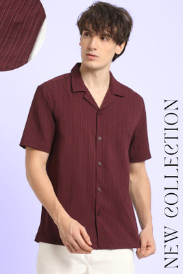 FUBACK Men Self Design Casual Maroon Shirt
