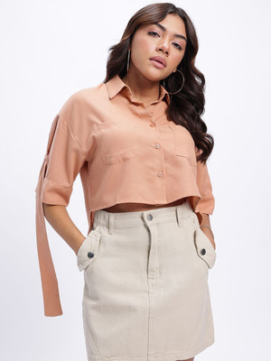 Glitchez Women Solid Casual Orange Shirt