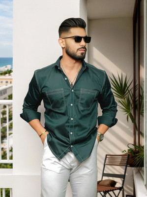 FOXEY Men Solid Casual Green Shirt