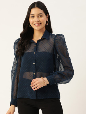 SLENOR Women Solid Party Blue Shirt