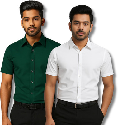 RAREMARK Men Solid Formal Green, White Shirt(Pack of 2)