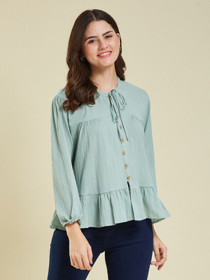 J TURRITOPSIS Women Self Design Casual Light Green Shirt