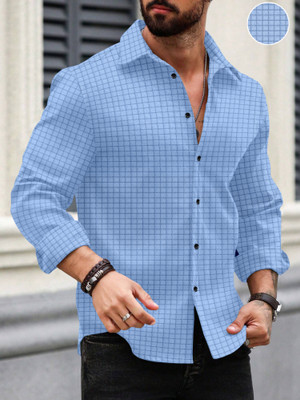 VELLOSTA Men Checkered Casual Light Blue Shirt