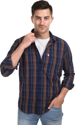 Hana & Morris Men Checkered Casual Dark Blue, Brown, Light Blue Shirt