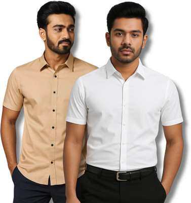 RAREMARK Men Solid Formal White, Beige Shirt(Pack of 2)