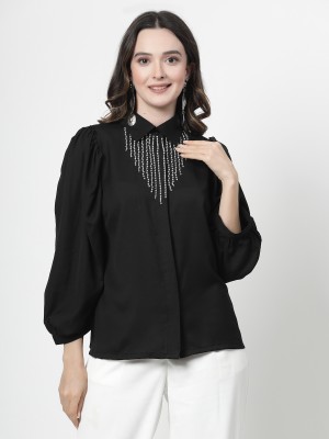 PLUSS Women Solid Casual Black Shirt