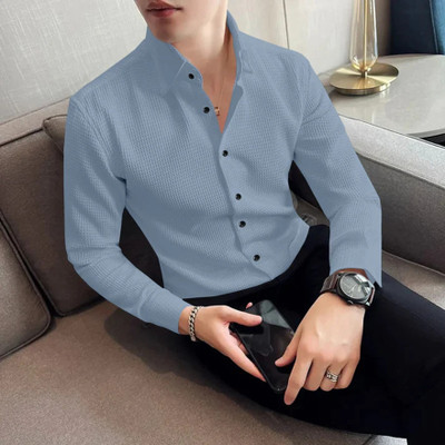 TorontoCN Men Self Design Casual Light Blue Shirt