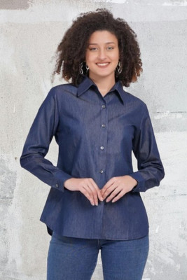 Wingzss Women Self Design Casual Blue Shirt