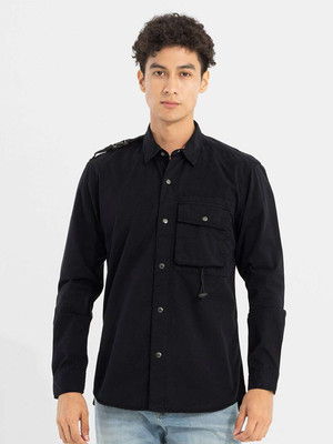 Snitch Men Solid Casual Black Shirt