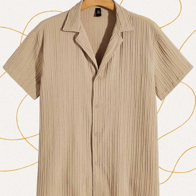 A DEEMOON TREND Men Self Design Casual Cream Shirt
