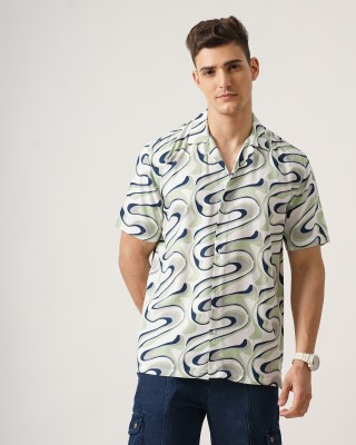 British Club Men Printed Casual Green, White Shirt