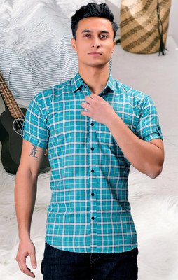 BASE 41 Men Checkered Formal Light Blue, Grey Shirt