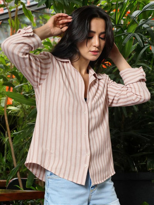 PERFECT PRODUCTIONS Women Striped Casual Pink, White Shirt
