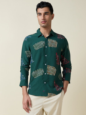 THOMAS SCOTT Men Self Design Casual Dark Green Shirt