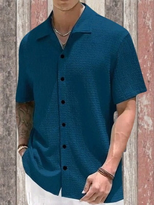 MUMIN Men Self Design Casual Blue Shirt