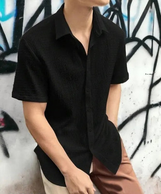 Varni Creation Men Self Design Party Black Shirt