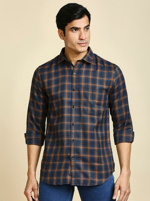 encore by INVICTUS Men Checkered Casual Brown, Dark Blue Shirt