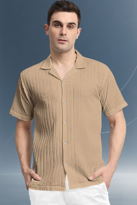 A DEEMOON TREND Men Striped, Self Design, Solid Casual Cream Shirt