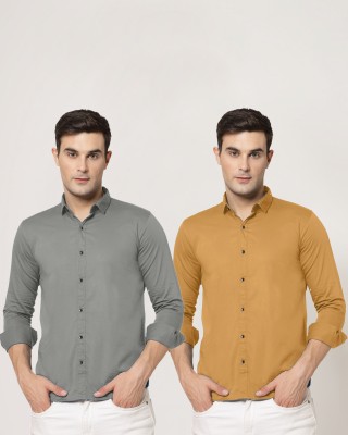 allan peter Men Solid Casual Yellow, Grey Shirt(Pack of 2)