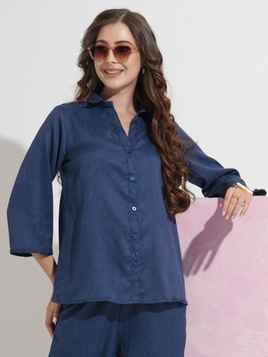 Dressberry Women Self Design Formal Blue Shirt